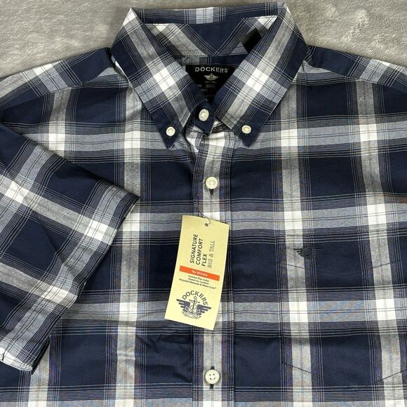 Dockers Shirt Mens LT Signature Comfort Flex‎ Blue Plaid S/S Button Down New $50 - Picture 1 of 13